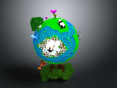 Colorful Earth Model With Green Land Blue Ocean Panda Trees And Flowers 3d model