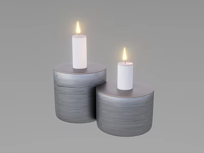 Two Modern Silver Cylindrical Base Candle Lamps With Lit White Candles 3d model