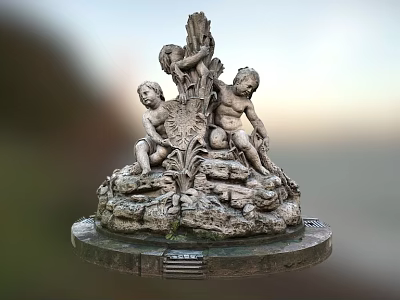Garden Ornament Stone Sculpture with Cherubs Fountain on Rock Base and Floral Accents 3d model