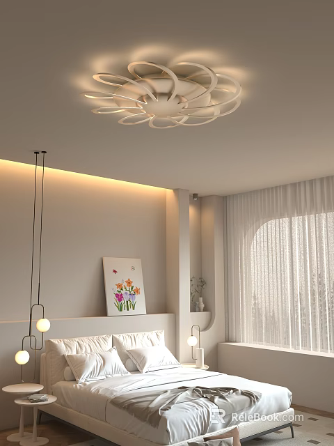 Modern Ceiling Light with Elegant Design in Bedroom Featuring Painting Curtains and Bed 3d model 