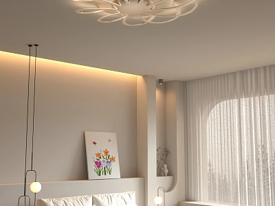 Modern Ceiling Light with Elegant Design in Bedroom Featuring Painting Curtains and Bed 3d model