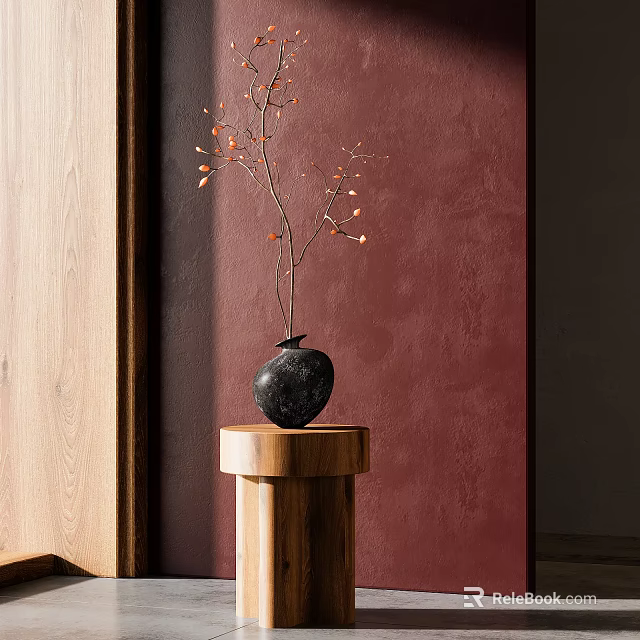 Black Vase With Small Orange Flowers On Wooden Cylindrical Pedestal Against Deep Red Wall 3d model 
