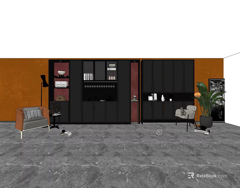 Sleek Modern Wine Cabinet With Black Red Accents In Living Room Setting 3d model 