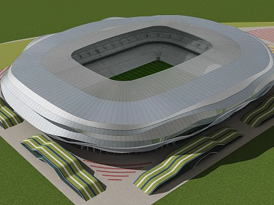 Modern Stadium Exterior With Streamlined Roof Green Turf And Colorful Decorative Strips 3d model