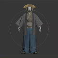 Traditional Japanese Clothing With Straw Hat Gray Top And Blue Pants