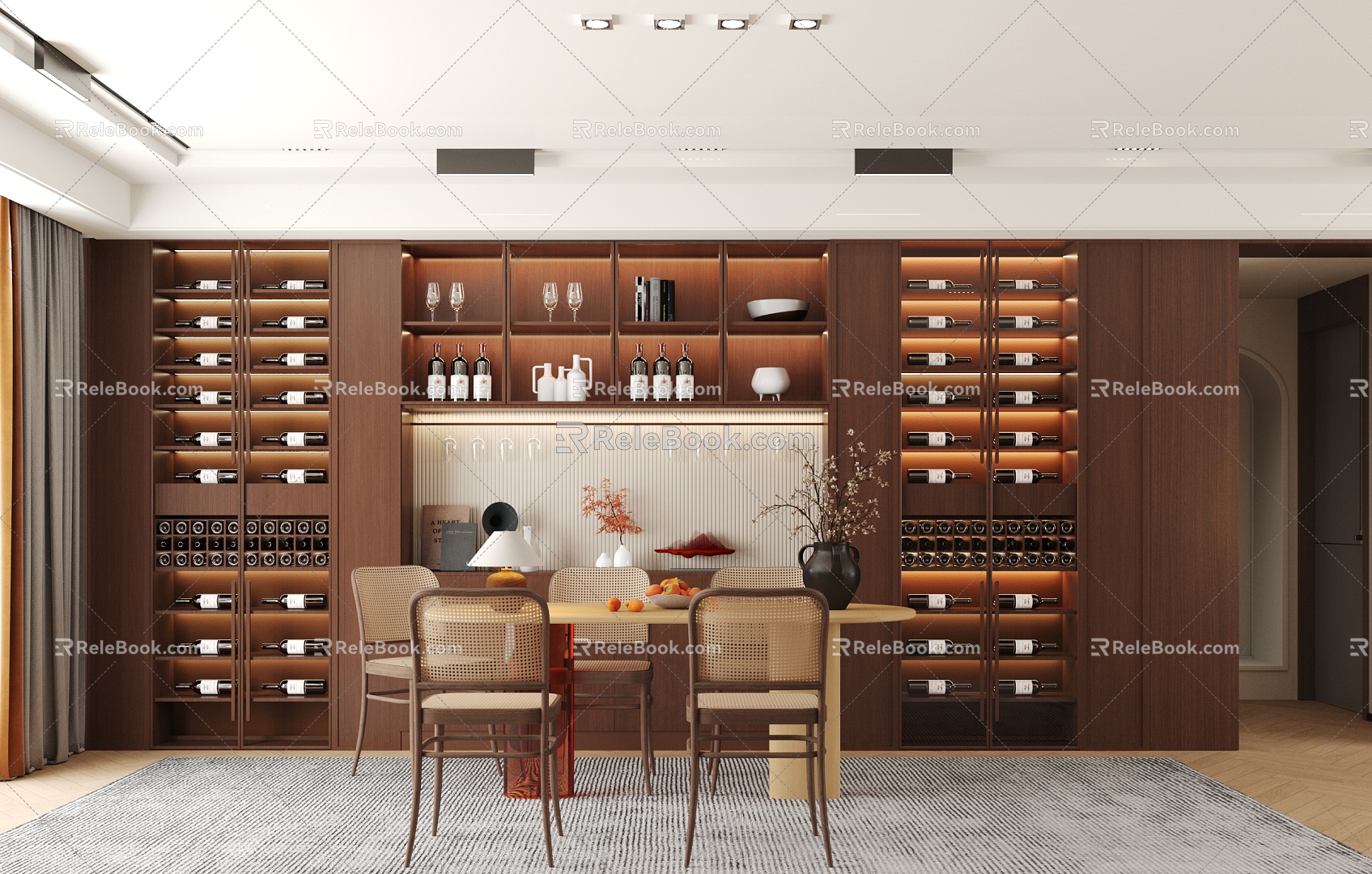 Middle Style Wine Cabinet Dining Table and Chair 3d model