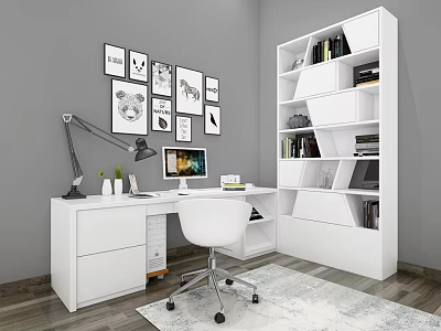 Modern White Desk with Computer Monitor Lamp Green Plant White Bookshelf and Decorative Prints 3d model