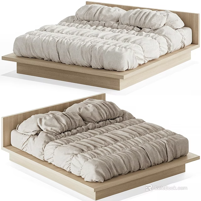 Modern Double Bed With Wooden Platform Frame Plush Mattress Neutral Beige Bedding 3d model 