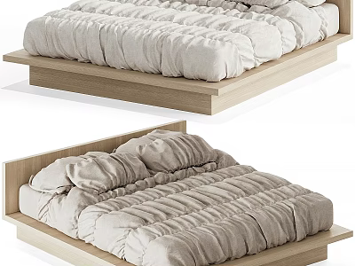 Modern Double Bed With Wooden Platform Frame Plush Mattress Neutral Beige Bedding 3d model
