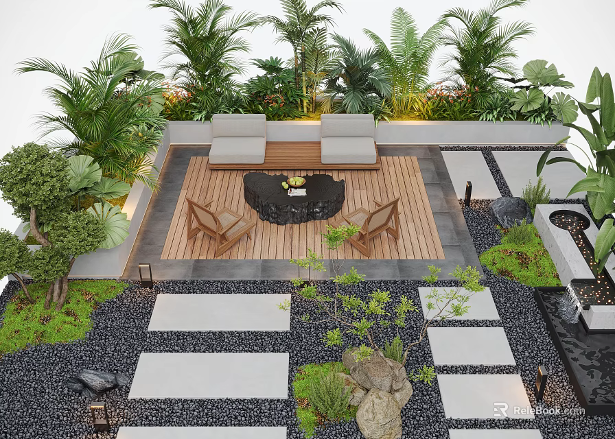 Serene Courtyard Garden With Wooden Deck Outdoor Seating Green Plants And Stone Pathways 3d model 
