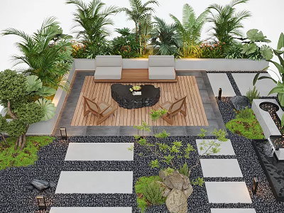Serene Courtyard Garden With Wooden Deck Outdoor Seating Green Plants And Stone Pathways 3d model