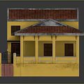 Traditional Yellow Building With Red Roof And Ornate Wooden Porch Structure