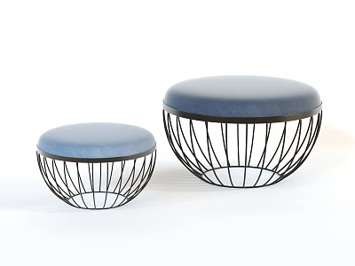 Round Sofa Stools With Blue Cushioned Seats And Black Metal Wireframe Design In Two Sizes 3d model