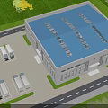 Aerial View Of Modern Building With Office Workstations Large Screen And Parked Vehicles