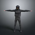 Game Movie Character In Black Tactical Gear With Gas Mask And Helmet