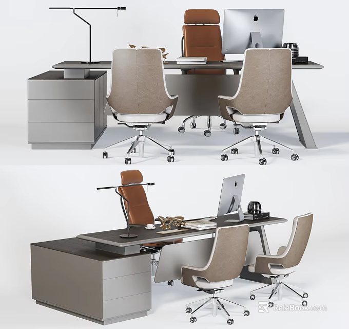 Modern Office Desk Setup With Multiple Chairs Laptop And Drawer Cabinet 3d model