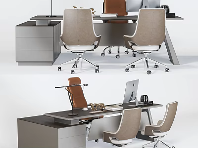 Modern Office Desk Setup With Multiple Chairs Laptop And Drawer Cabinet 3d model