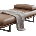 Brown Leather Sofa Bench With Soft Cushion And Cozy Blanket On Metal Legs