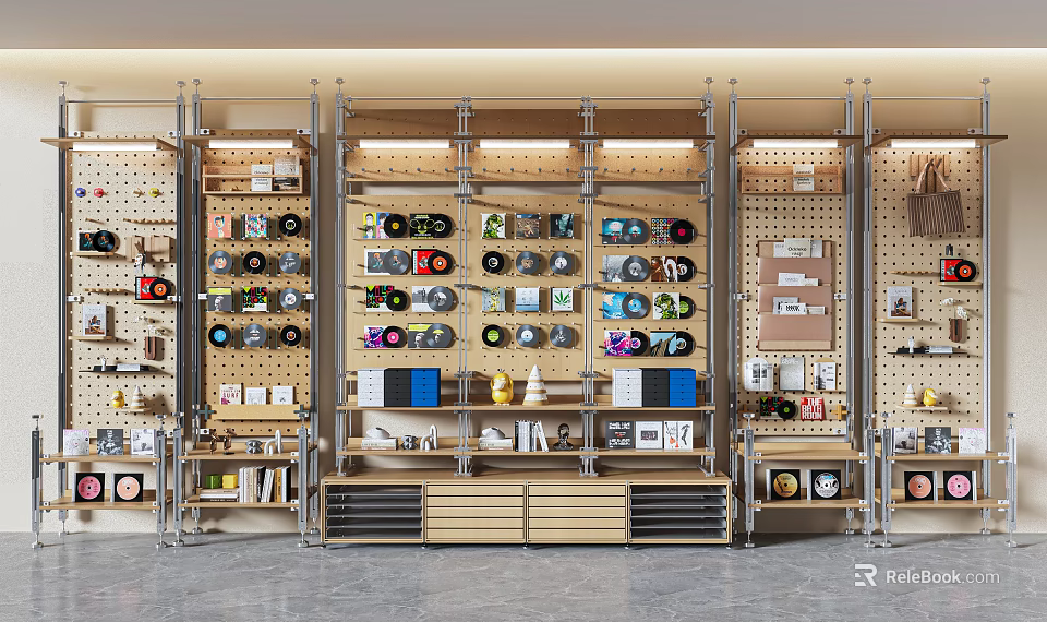 Multi Tiered Display Shelf With Wooden Boards Metal Frame And Pegboard For Retail Items 3d model 