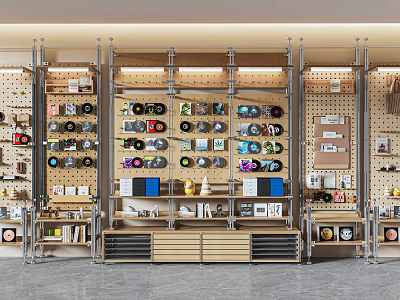Multi Tiered Display Shelf With Wooden Boards Metal Frame And Pegboard For Retail Items 3d model