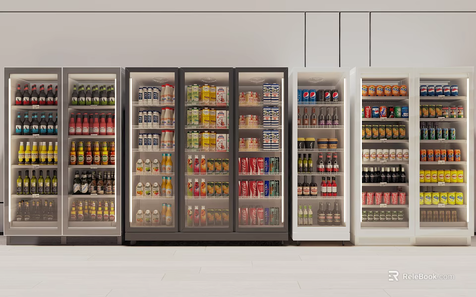 Display of Glass Door Commercial Refrigerators Filled With Various Beverages And Food Items 3d model 
