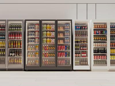 Display of Glass Door Commercial Refrigerators Filled With Various Beverages And Food Items 3d model