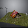 Colorful Patterned Tent Setup On Grassland With Decorative Structures And Small Items