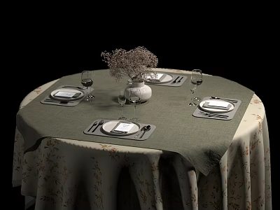 Round Dining Table Setup With Floral Tablecloth Place Settings And Dried Flower Vase 3d model