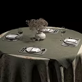 Round Dining Table Setup With Floral Tablecloth Place Settings And Dried Flower Vase 3d model