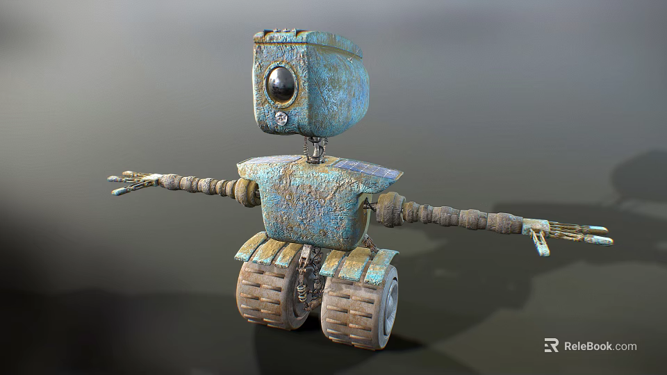 Rusty Blue Robot With Camera Eye Extended Mechanical Arms And Tank Like Base 3d model