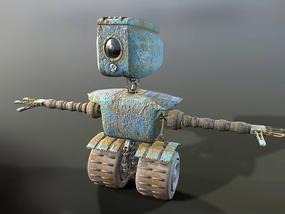 Rusty Blue Robot With Camera Eye Extended Mechanical Arms And Tank Like Base 3d model
