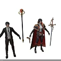 Game Movie Characters in Black Suit Red Cape with Pistol Staff and Sword