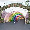 Road Infrastructure With Tree Shaped Archway Rainbow Colored Tunnel Cherry Blossom Trees And Street Lamps