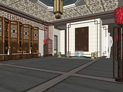 Traditional Chinese Style Hotel Lobby With Carved Ceiling Wooden Screens And Red Lanterns 3d model