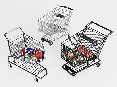 Public Shopping Carts In Retail Facility Filled With Assorted Goods 3d model