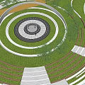 Park Landscape Featuring Circular Pathways Lush Lawns Tiered Steps And Trees