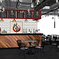 Stylish Modern Restaurant Interior With Red Frames White Brick Wall And Wooden Counter