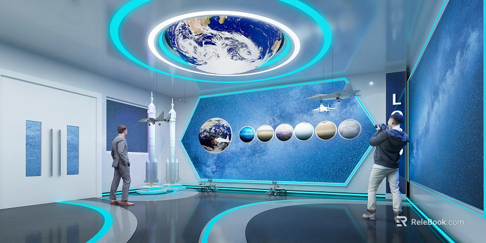 Interactive Space Exhibition Hall With Earth Projection Blue Wall And Planet Models 3d model