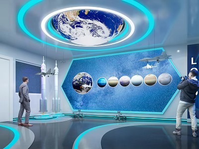 Interactive Space Exhibition Hall With Earth Projection Blue Wall And Planet Models 3d model