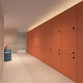 Shower Room Interior Featuring Orange Tiled Walls Multiple Cubicles And Towel Holders