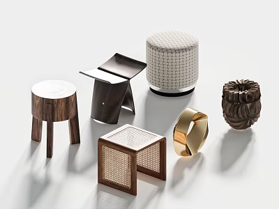 Modern Stools With Wooden Frames Woven Textures And Geometric Shapes In Minimal White Background Setting 3d model