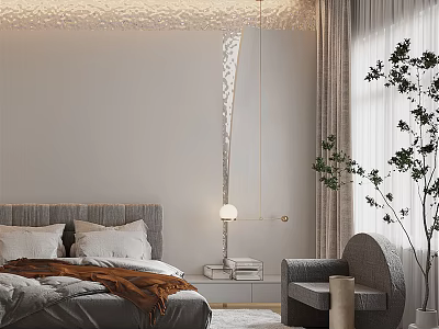 Elegant Modern Bedroom Interior Design With Comfortable Bed Nightstand Lamp Window Curtains And Plant 3d model