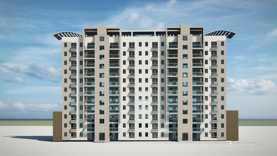 Modern High-rise Building Exterior With Balconies Windows Blue Sky And White Clouds 3d model 