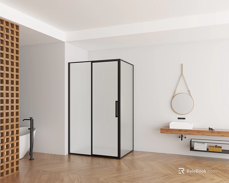 Modern Shower Sauna Enclosure With Wooden Accents White Walls Bathtub And Vanity 3d model 