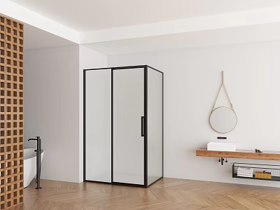 Modern Shower Sauna Enclosure With Wooden Accents White Walls Bathtub And Vanity 3d model