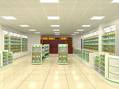 Modern Pharmacy Store Interior With Shelves Products Lighting And Counter 3d model