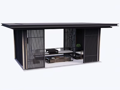 Modern Style Pergola With Lattice Design Sofa Coffee Table And Green Plant 3d model