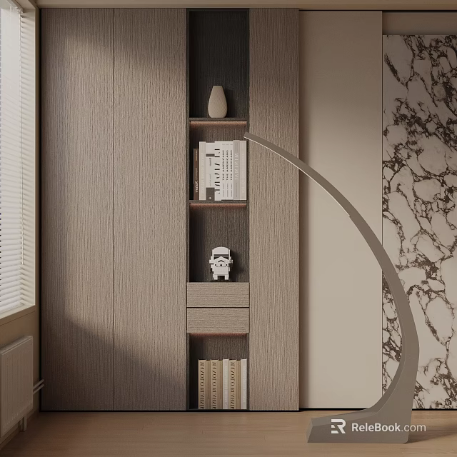 Modern Floor Lamp With Wooden Shelf Books Decorative Item And Marble Wall 3d model 