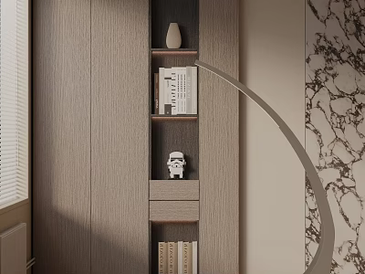 Modern Floor Lamp With Wooden Shelf Books Decorative Item And Marble Wall 3d model