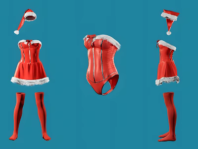 Christmas Themed Red Clothes Including Dress Bodysuit Stockings And Santa Hats 3d model